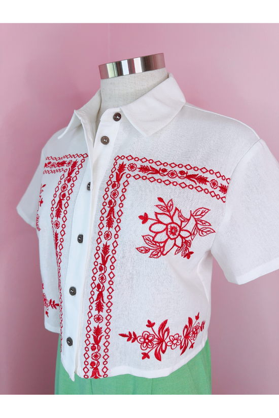 Red Hot Rio White & Red Embroidered Button Down Shirt