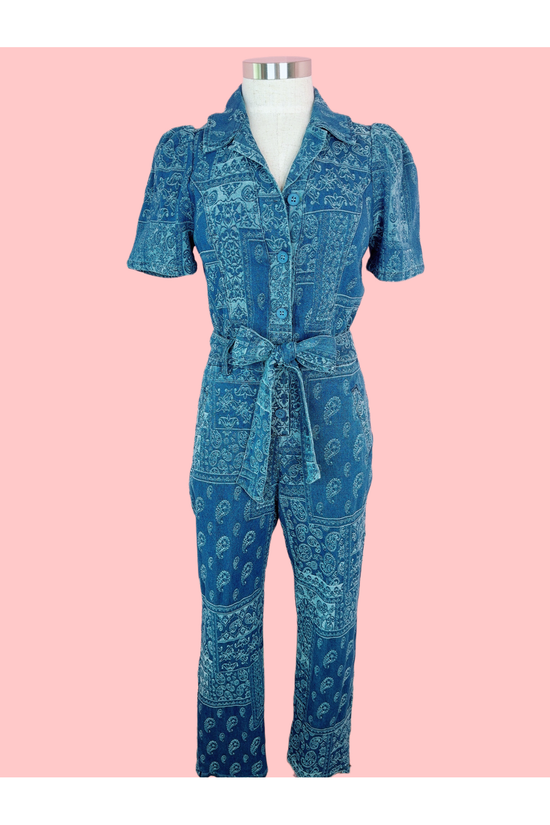 Sugarfoot Blue Paisley Print Utility Denim Jumpsuit