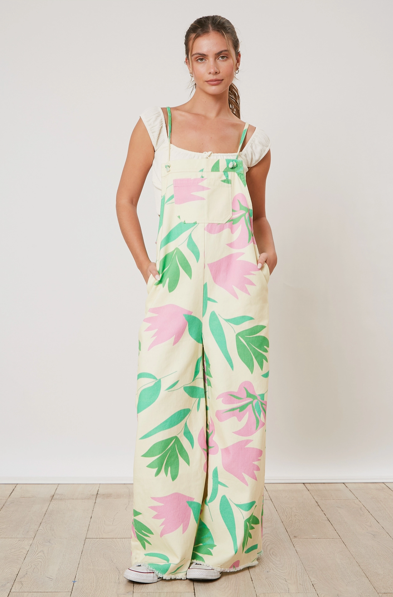 My 9 To Thrive Tropical Print Denim Overalls