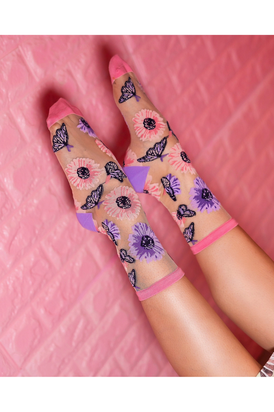 Load image into Gallery viewer, Sunflower Butterfly Sheer Crew Fashion Sock
