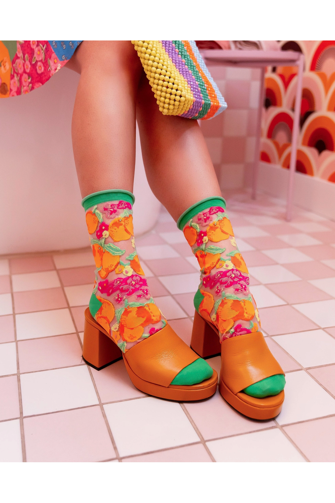 Orange Floral Sheer Crew Socks