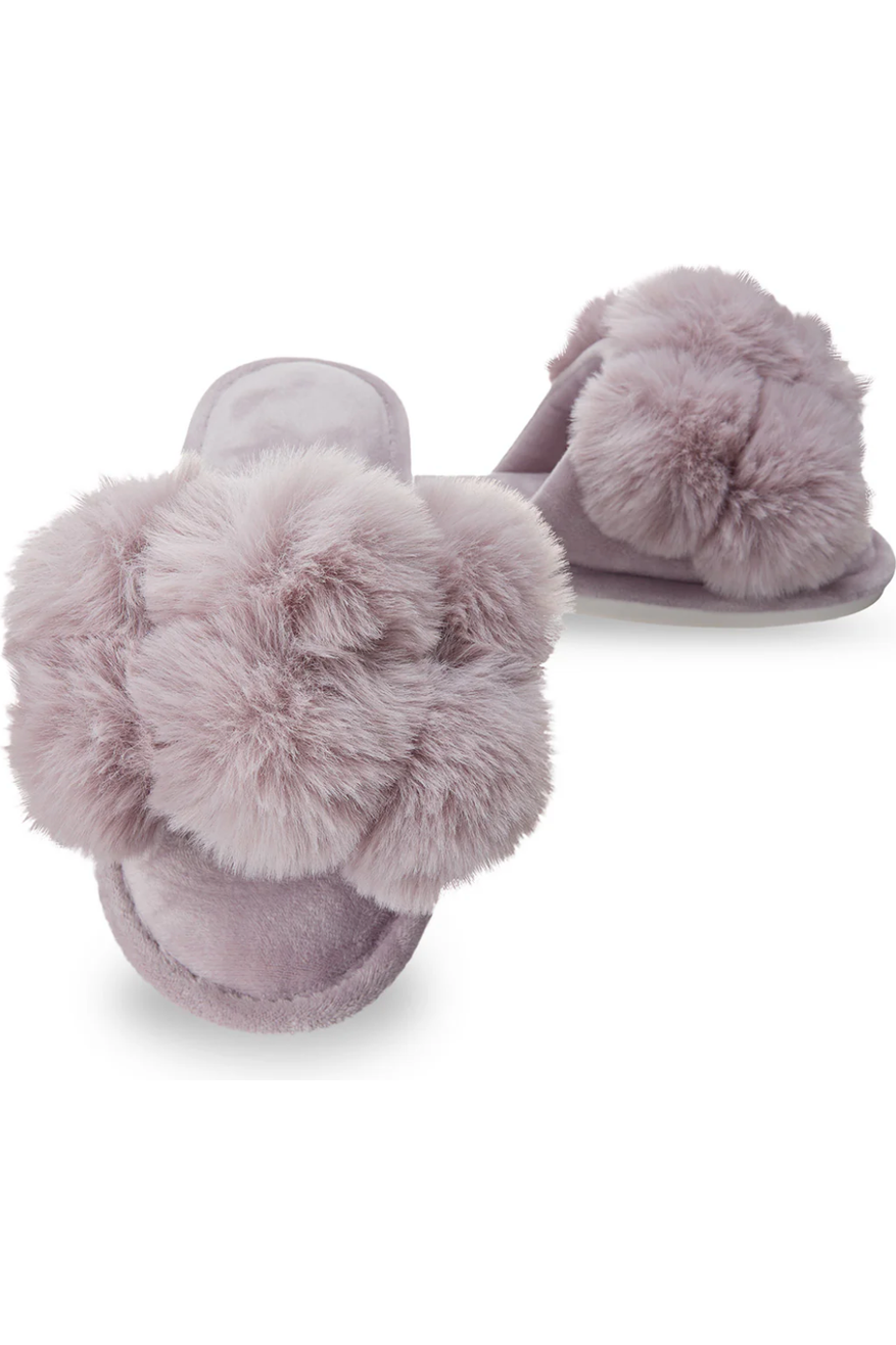 Luxe Pompom Lavender Plush Slippers