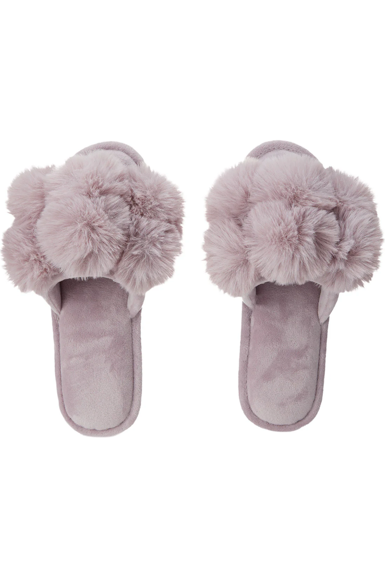 Luxe Pompom Lavender Plush Slippers