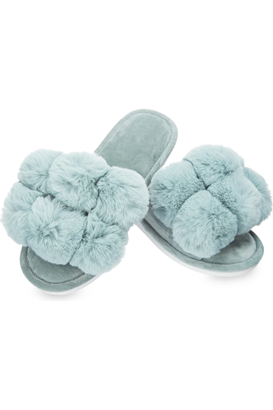 Luxe Pompom Sea Blue Plush Slippers