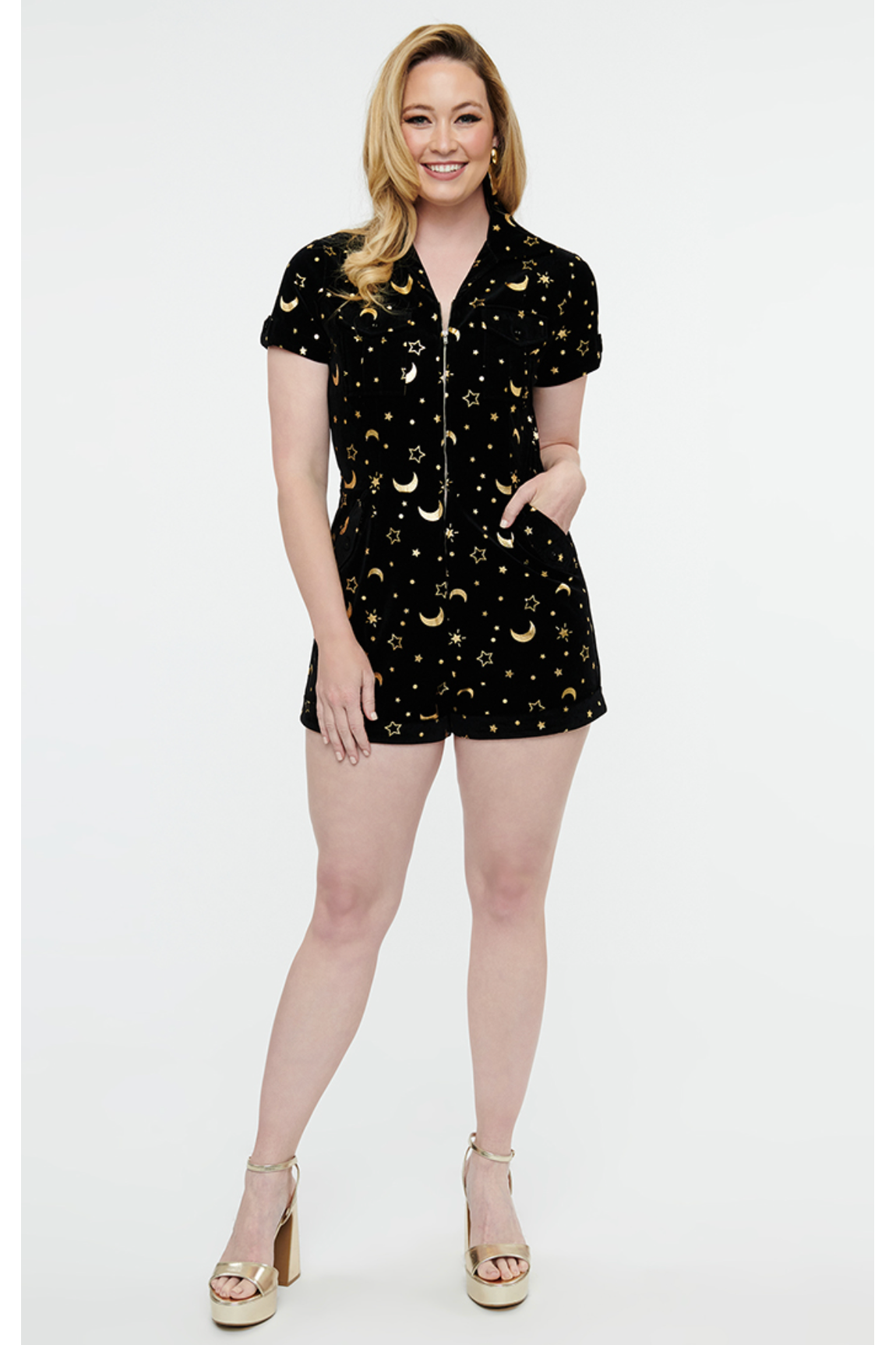 Bewitch The Moon Black Corduroy Gold Moon Foil Print Romper