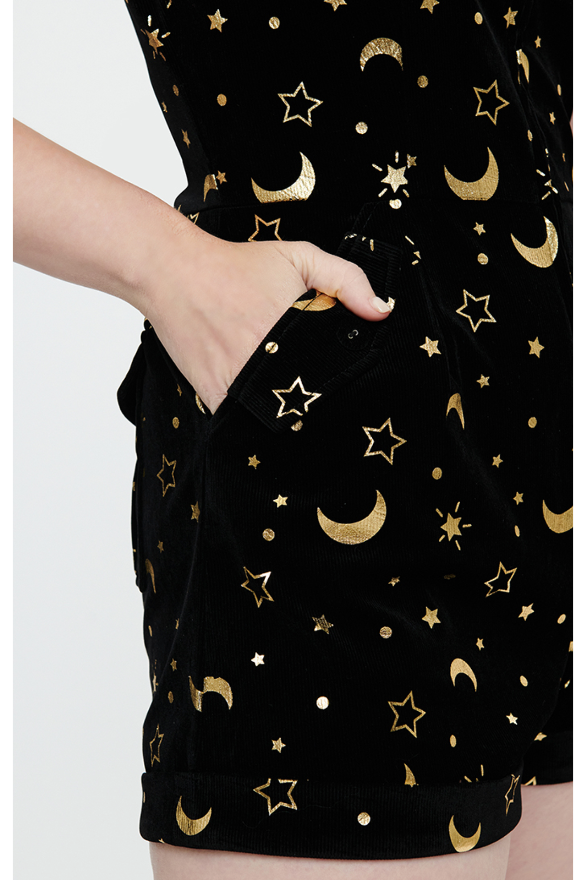 Bewitch The Moon Black Corduroy Gold Moon Foil Print Romper