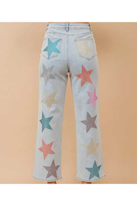 The Pop Star Rhinestone Embellishment Straight Leg Jeans