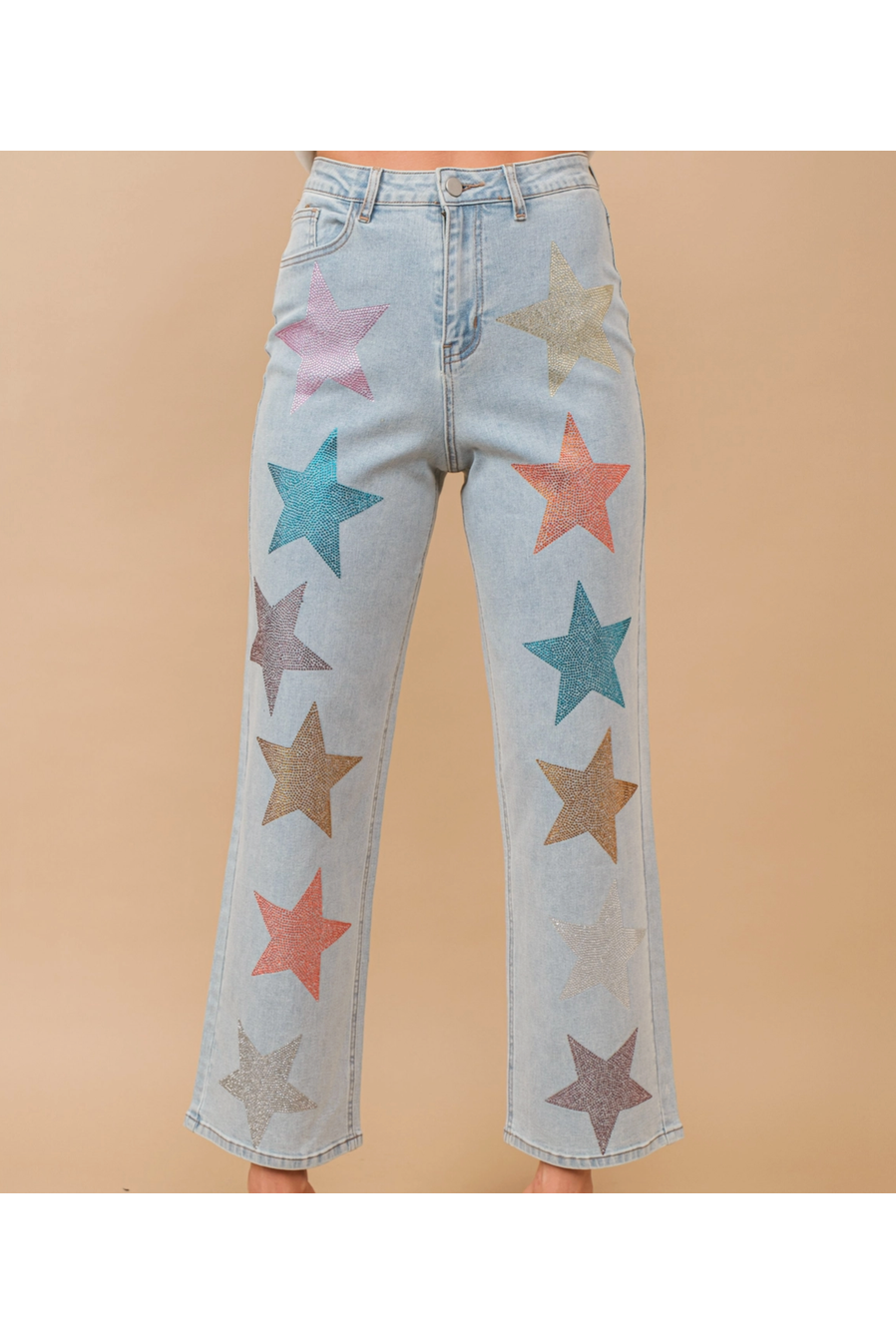 The Pop Star Rhinestone Embellishment Straight Leg Jeans