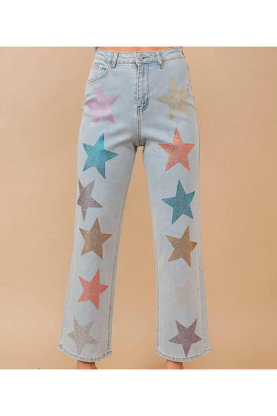 The Pop Star Rhinestone Embellishment Straight Leg Jeans