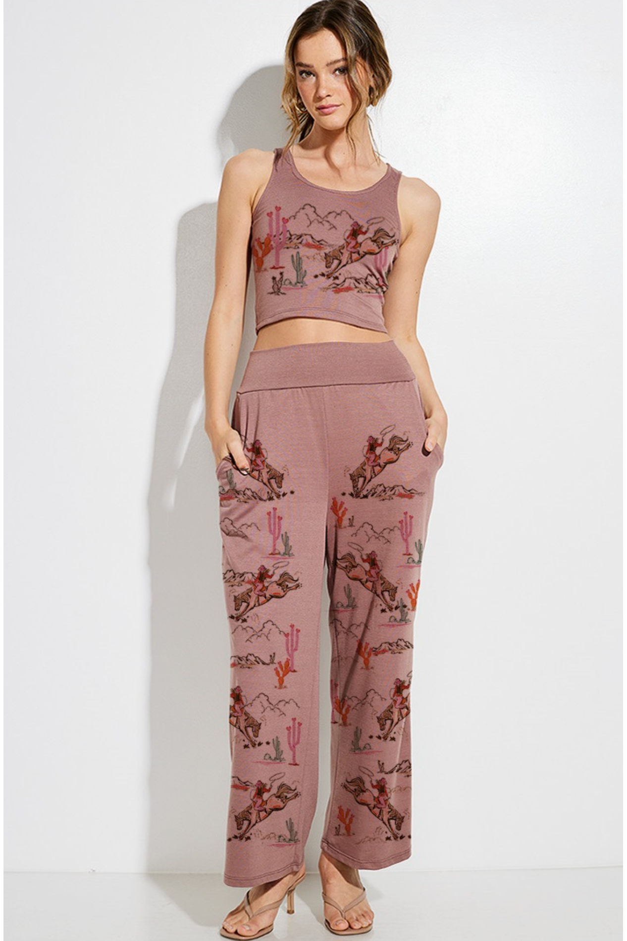 Wine Western Crop Tank Top and Pants Set
