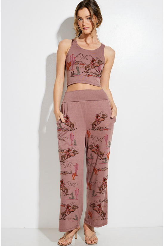 Wine Western Crop Tank Top and Pants Set