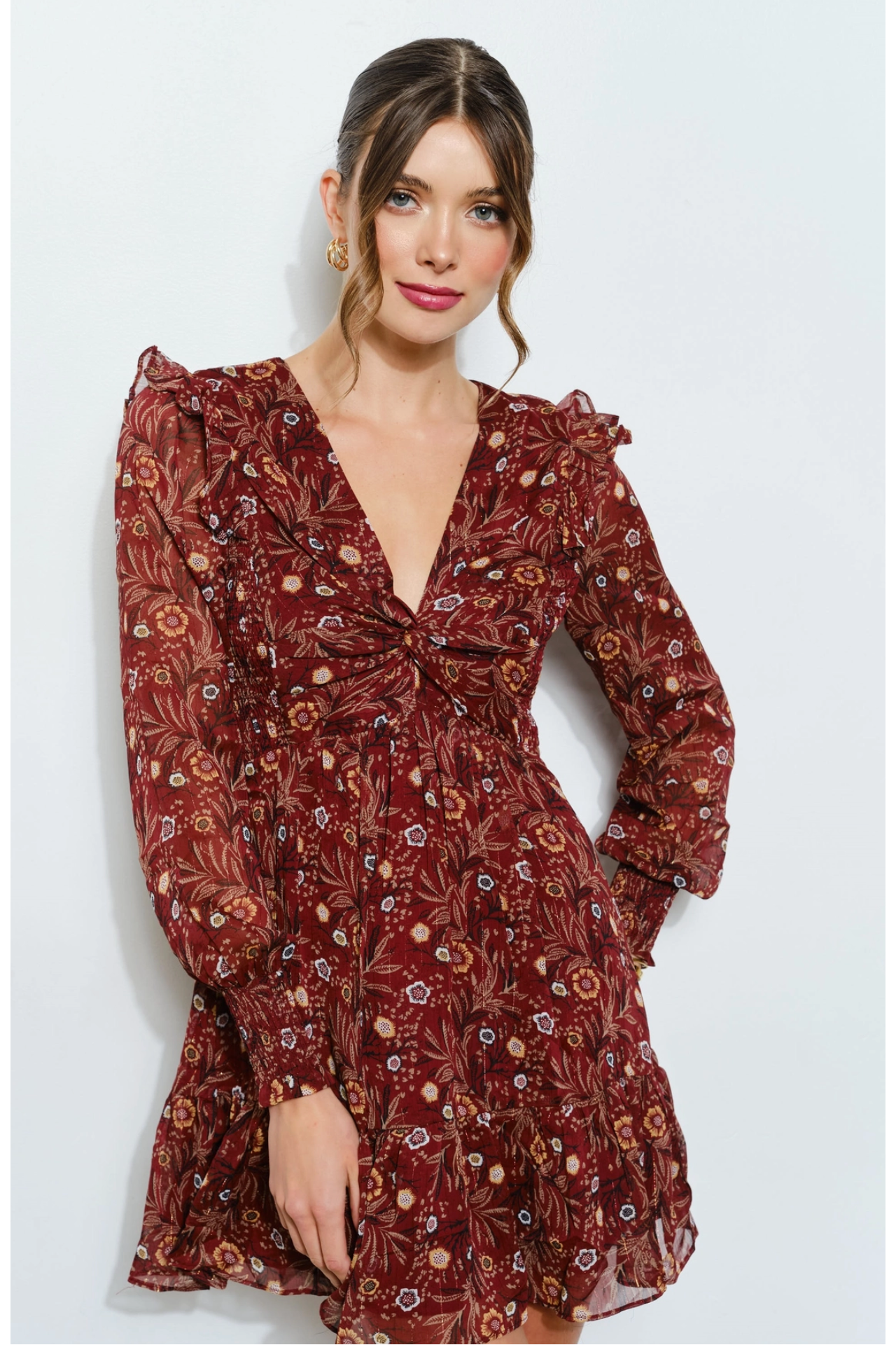 Floral Merlot Chiffon Mini Dress