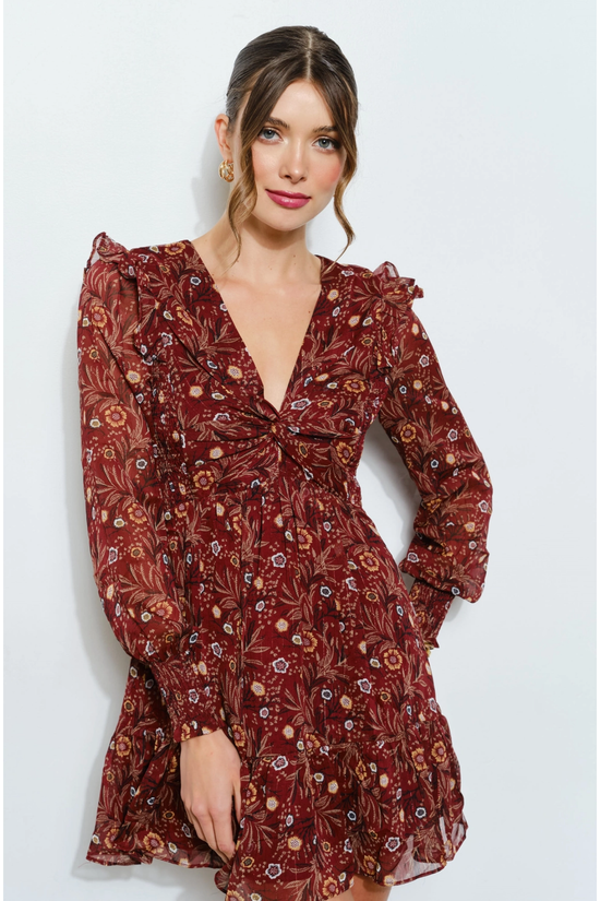 Floral Merlot Chiffon Mini Dress