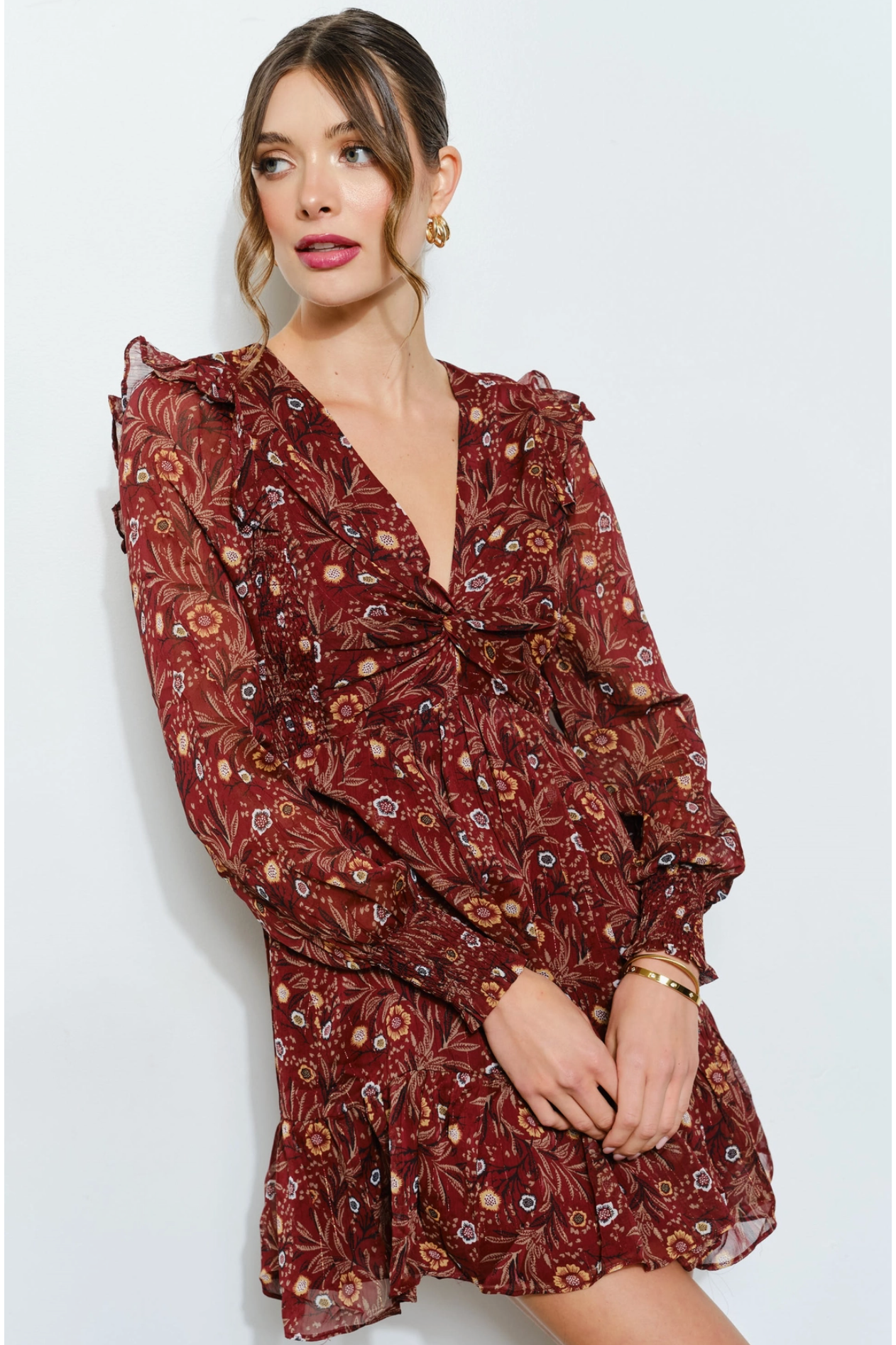 Floral Merlot Chiffon Mini Dress