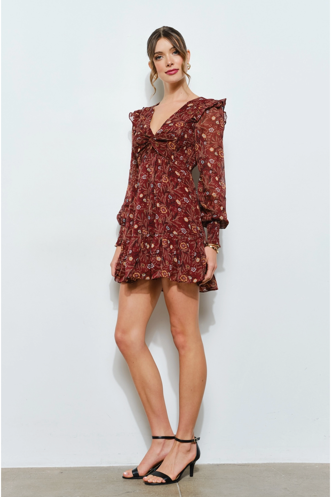 Floral Merlot Chiffon Mini Dress