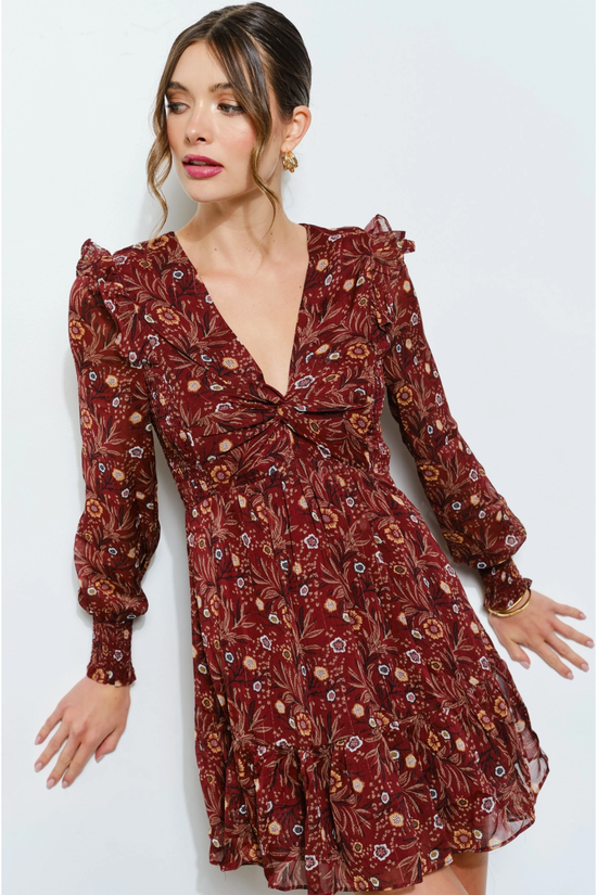 Floral Merlot Chiffon Mini Dress