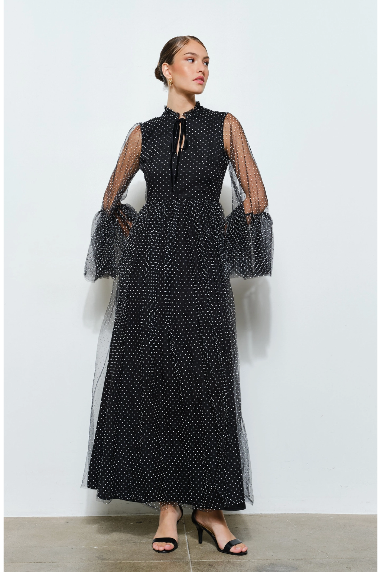 Stunning Polka Dot Mesh Layered Sleeve Maxi Dress