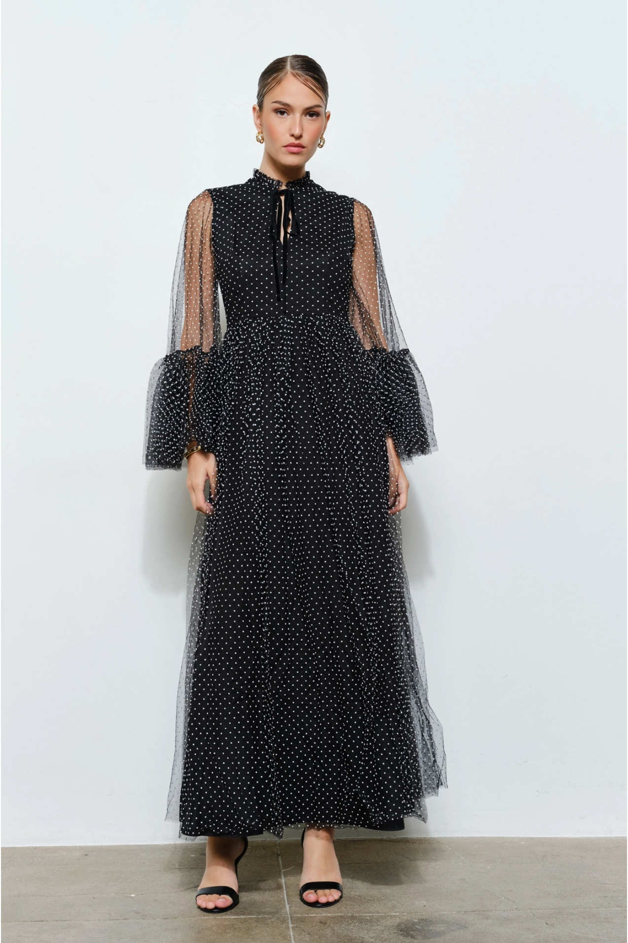 Stunning Polka Dot Mesh Layered Sleeve Maxi Dress