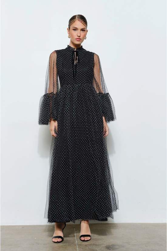 Stunning Polka Dot Mesh Layered Sleeve Maxi Dress