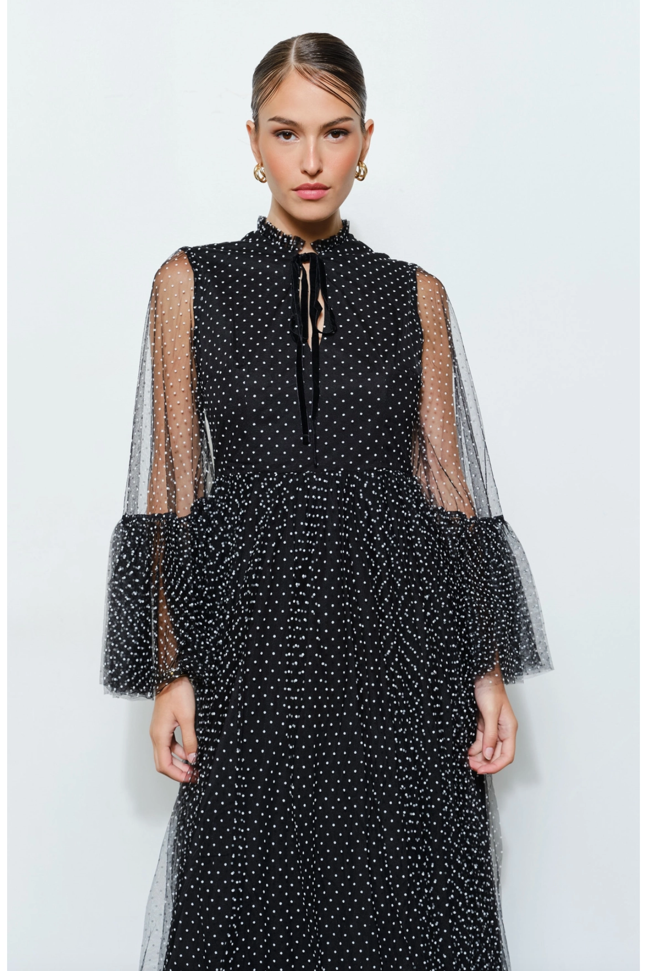 Stunning Polka Dot Mesh Layered Sleeve Maxi Dress