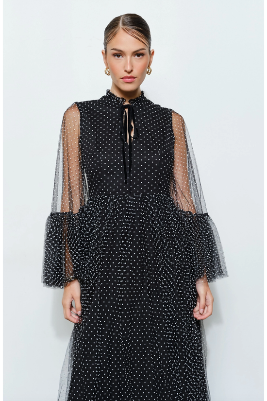 Stunning Polka Dot Mesh Layered Sleeve Maxi Dress