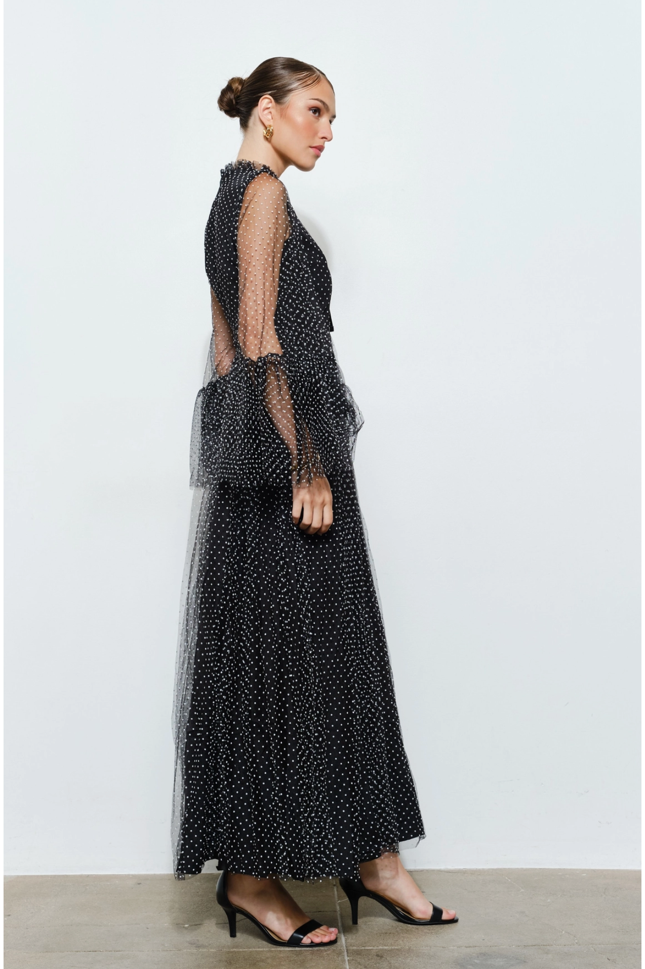 Stunning Polka Dot Mesh Layered Sleeve Maxi Dress