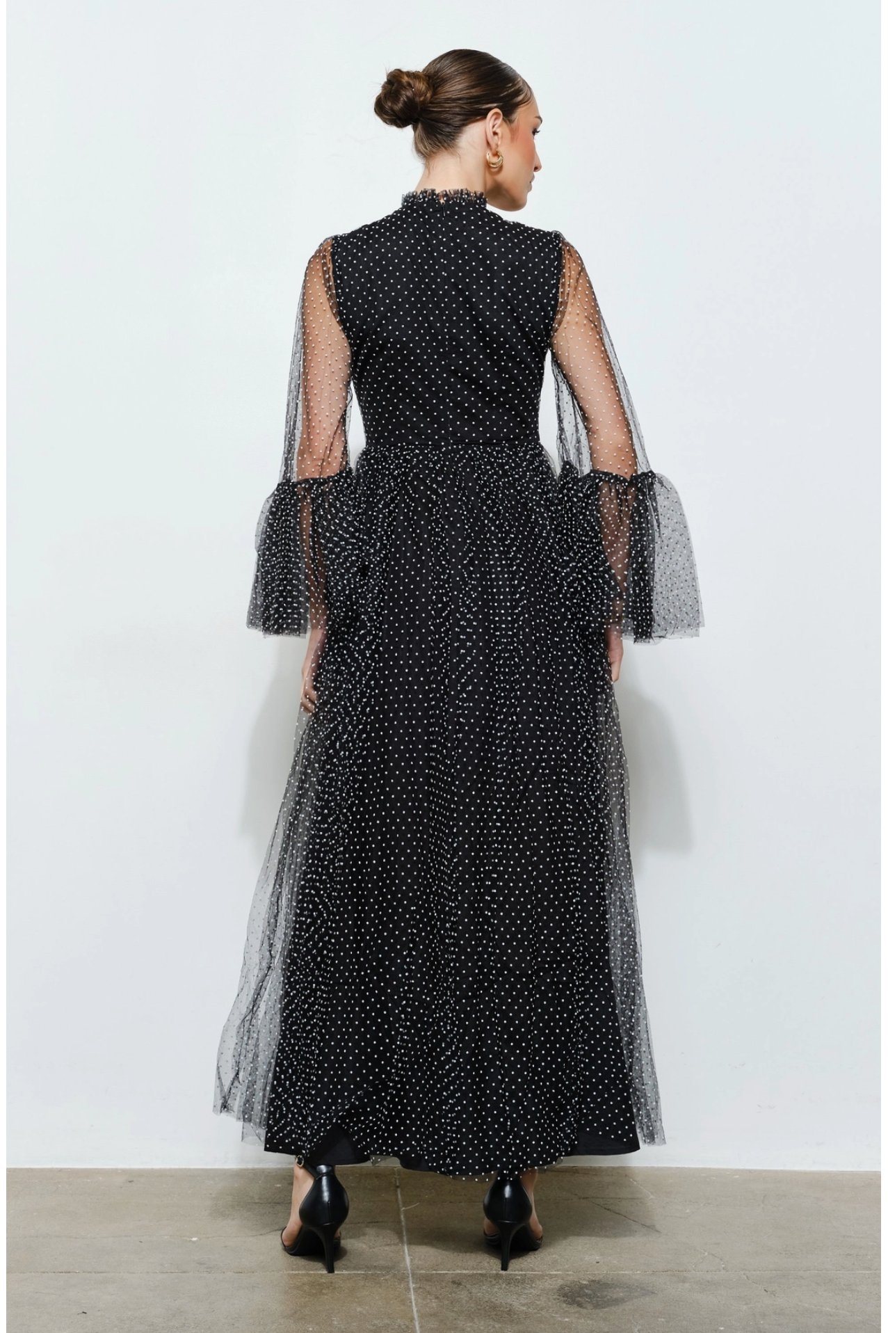 Stunning Polka Dot Mesh Layered Sleeve Maxi Dress