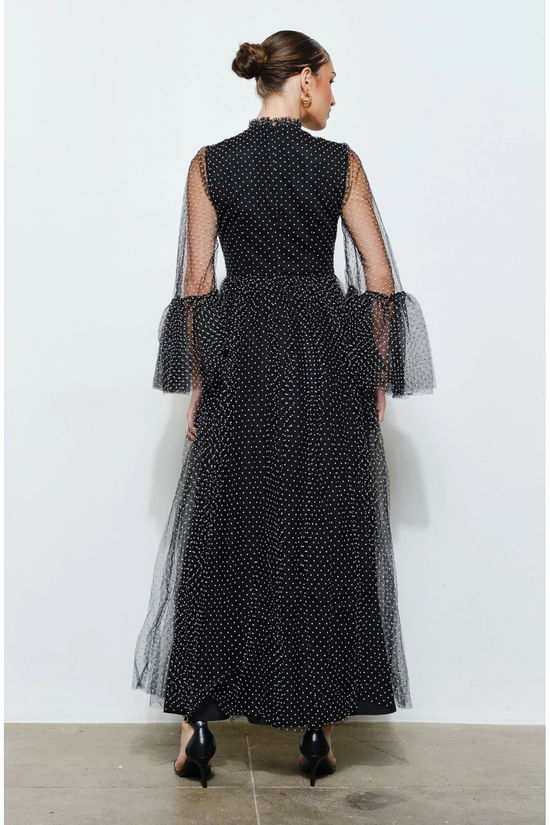 Stunning Polka Dot Mesh Layered Sleeve Maxi Dress
