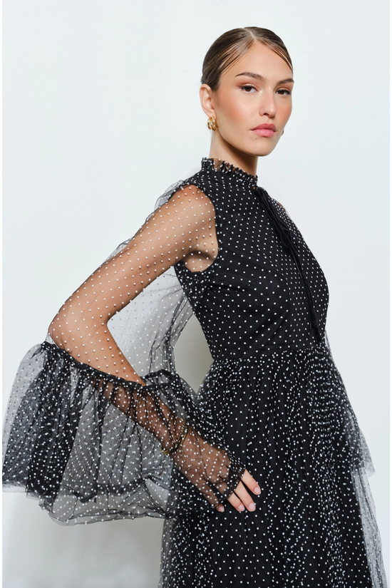 Stunning Polka Dot Mesh Layered Sleeve Maxi Dress