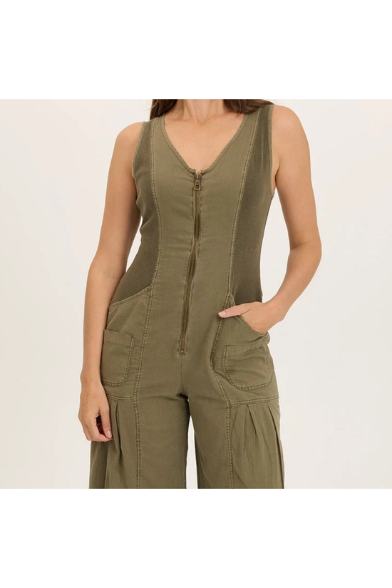 Linen Wide Leg Cargo Olive Green Jumpsuit