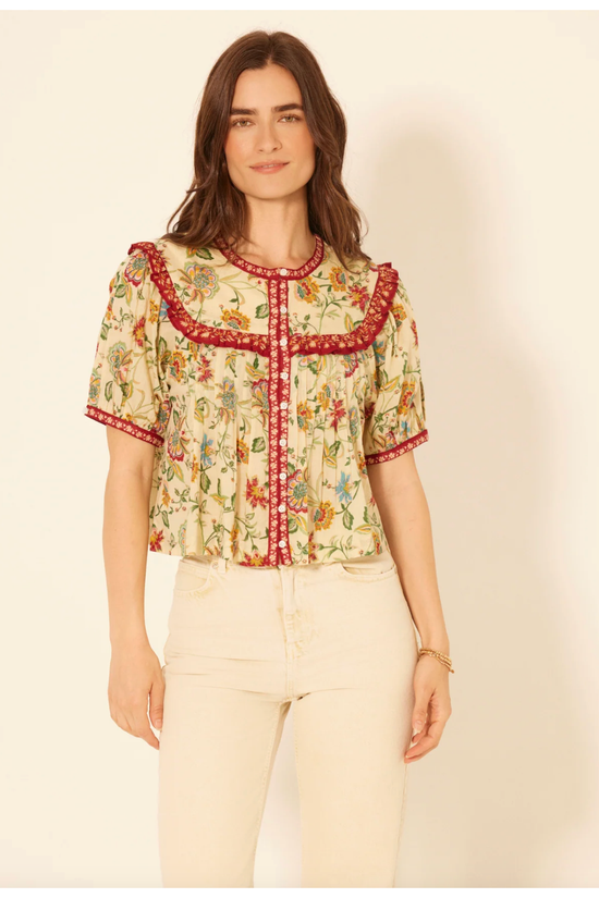 Autumn Peasant Floral Ruffle Boho Top