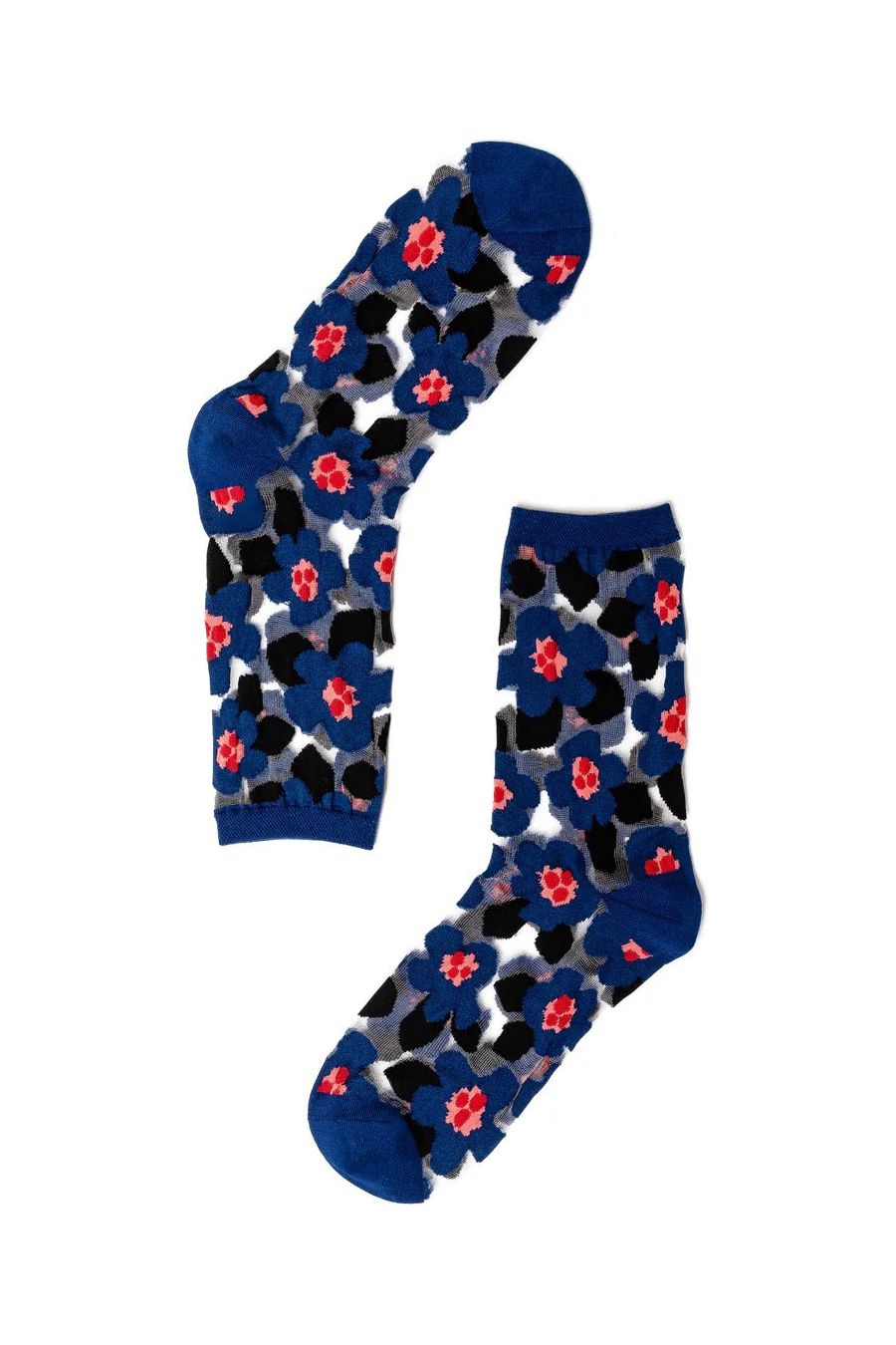 Bold Blue Floral Sheer Crew Sock