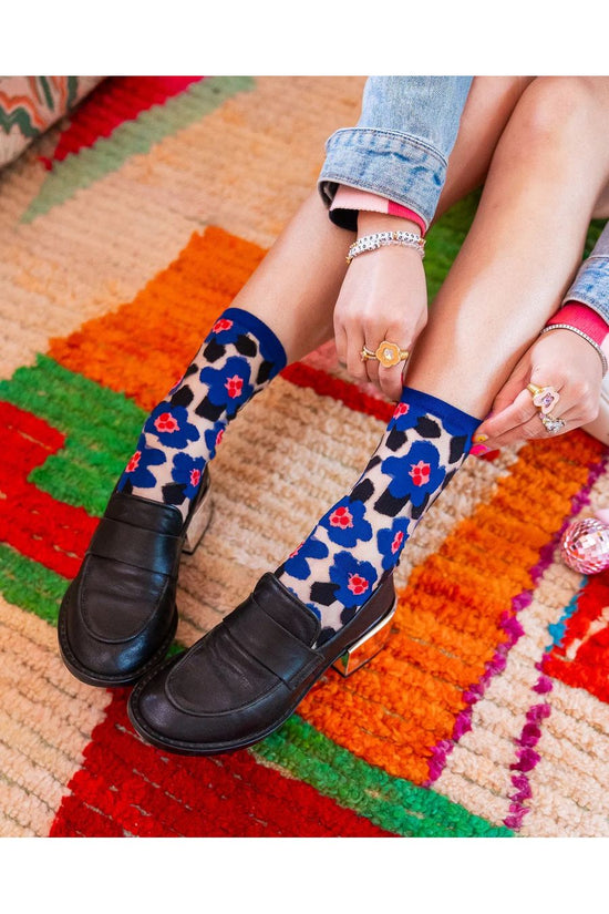 Bold Blue Floral Sheer Crew Sock