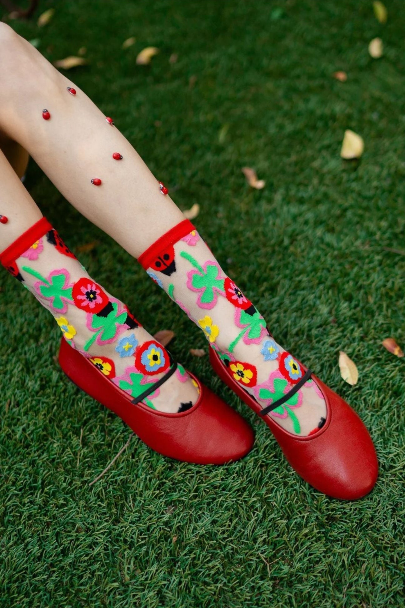 Lucky Ladybug Sheer Crew Fashion Socks