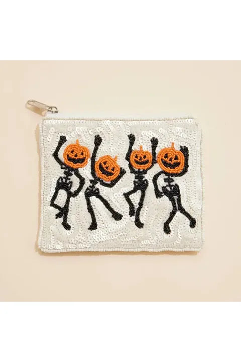 Halloween Dancing Pumpkin Heads Beaded Coin Purse