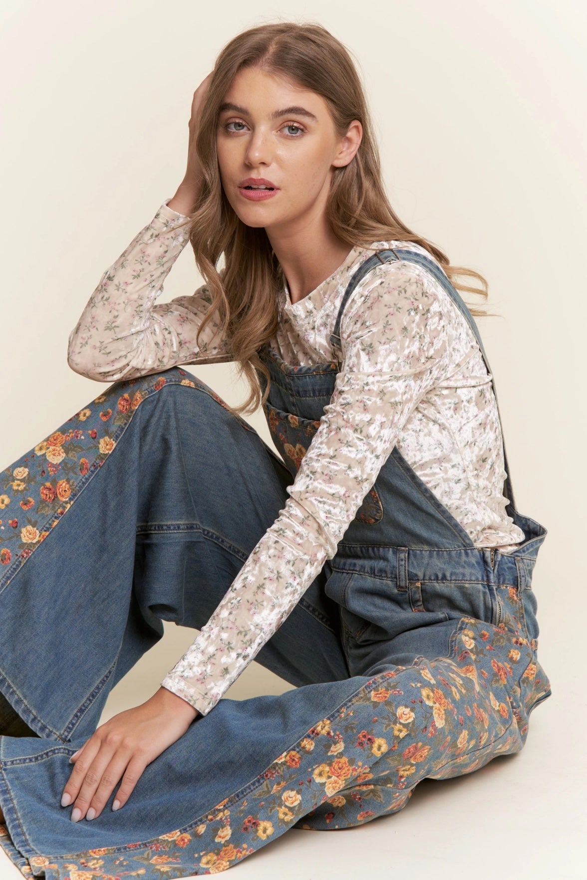 Floral Print Denim Wide Leg Overalls
