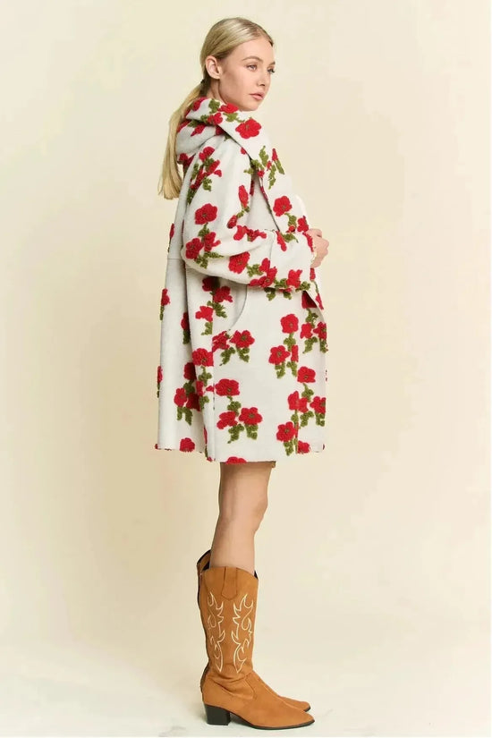 Red Floral Sherpa Hoodie Swing Coat