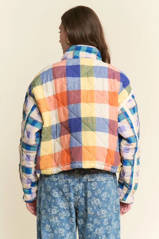 Multi-Color Plaid Quilted Puffer Zipper Jacket