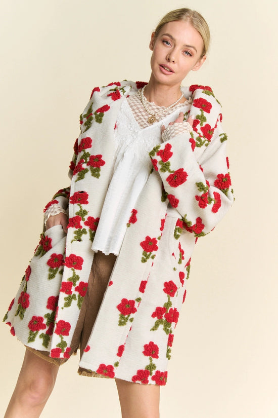 Red Floral Sherpa Hoodie Swing Coat