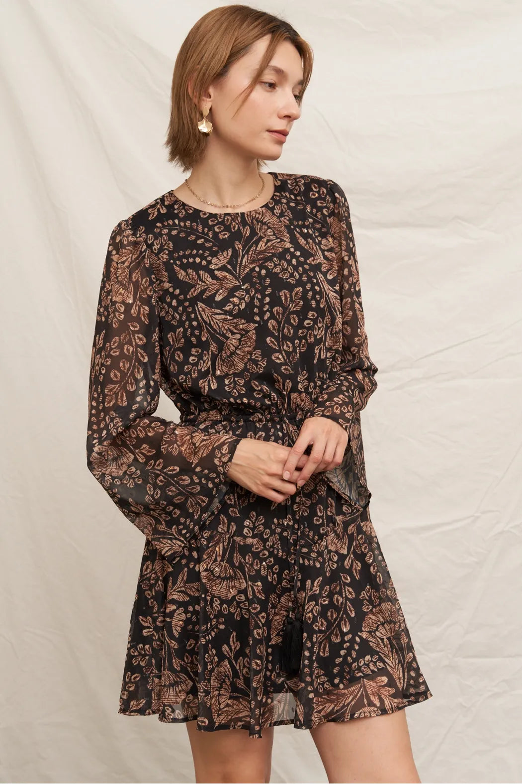 Paisley Print Bell Sleeve Mini Dress with Lurex