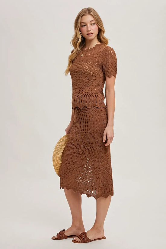 Crochet Knit Sweater Mocha Scalloped Skirt