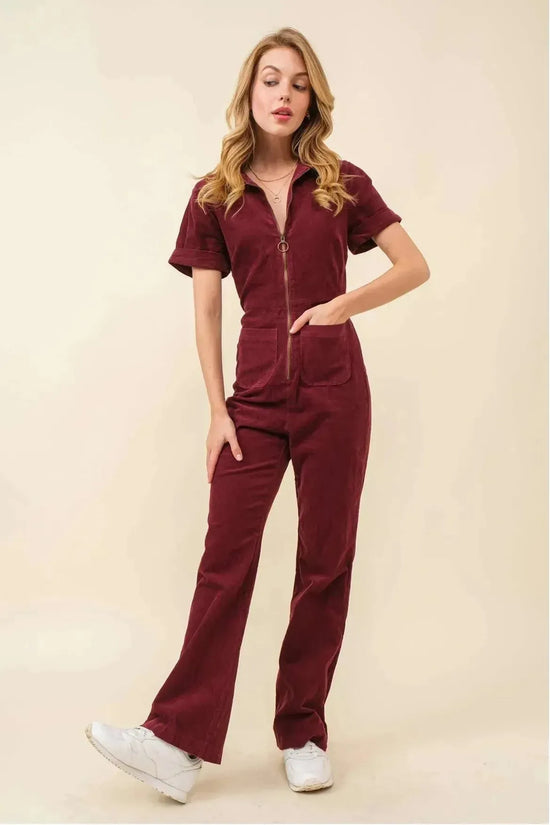 Short Sleeve Plum Corduroy Jumpsuit