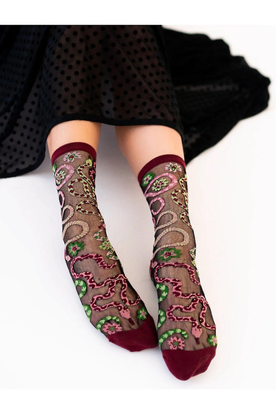 Serpentine Floral Black Sheer Crew Socks