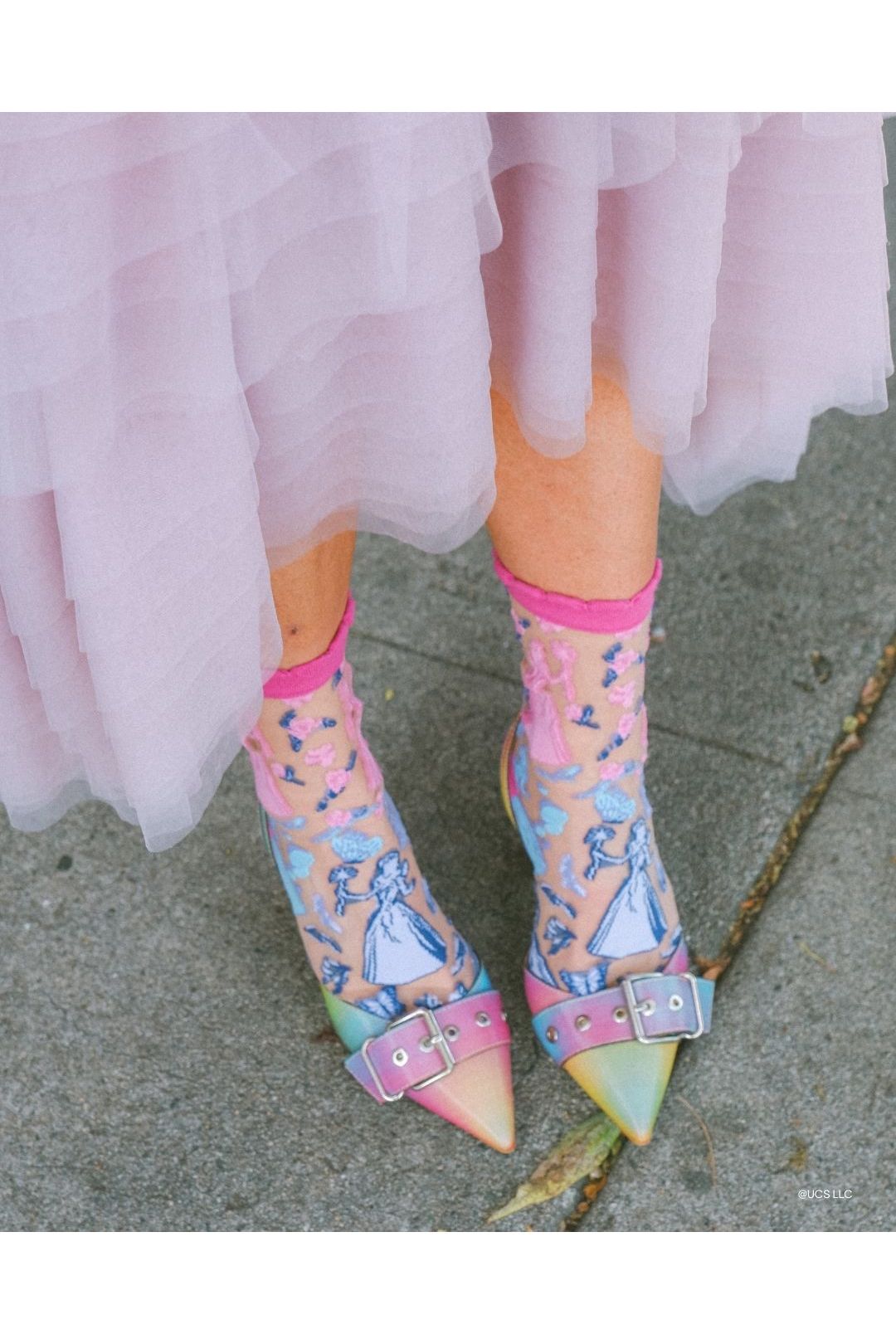 Wicked Glinda Silhouette Ruffle Floral Sheer Crew Fashion Socks