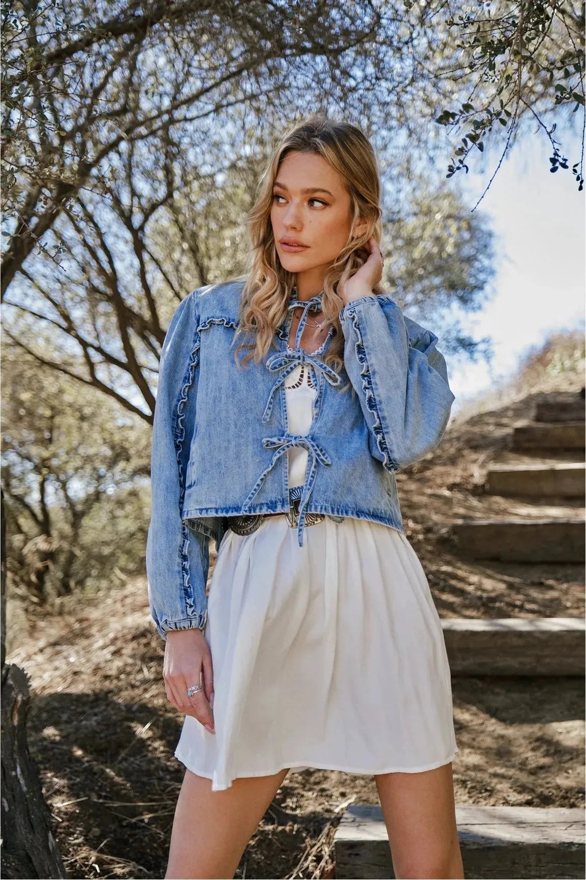 Seacliff Heights Ruffle Yoke Sleeve Tie Front Denim Jacket