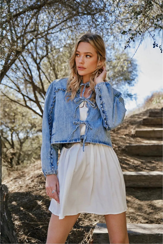 Seacliff Heights Ruffle Yoke Sleeve Tie Front Denim Jacket