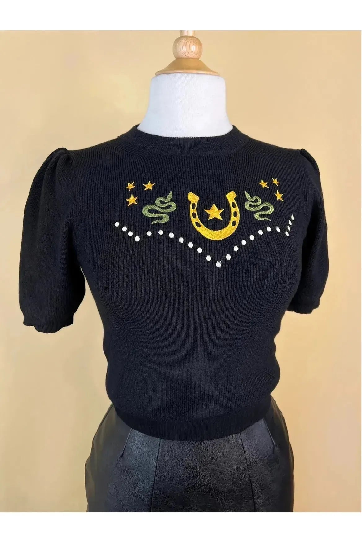 Lucky Horseshoe Short Sleeve Black Sweater