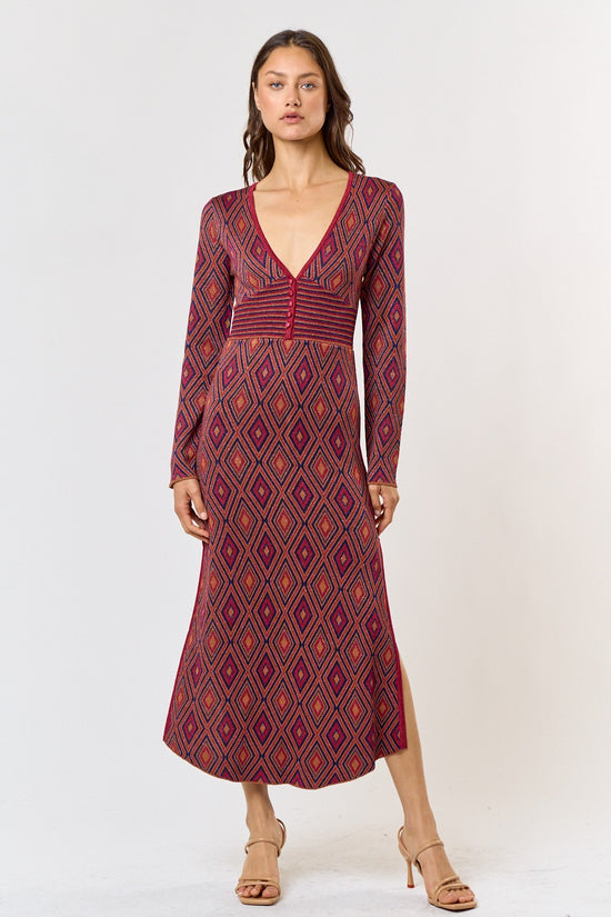 Spiced Up Jacquard V-Neck Side Slit Midi Dress