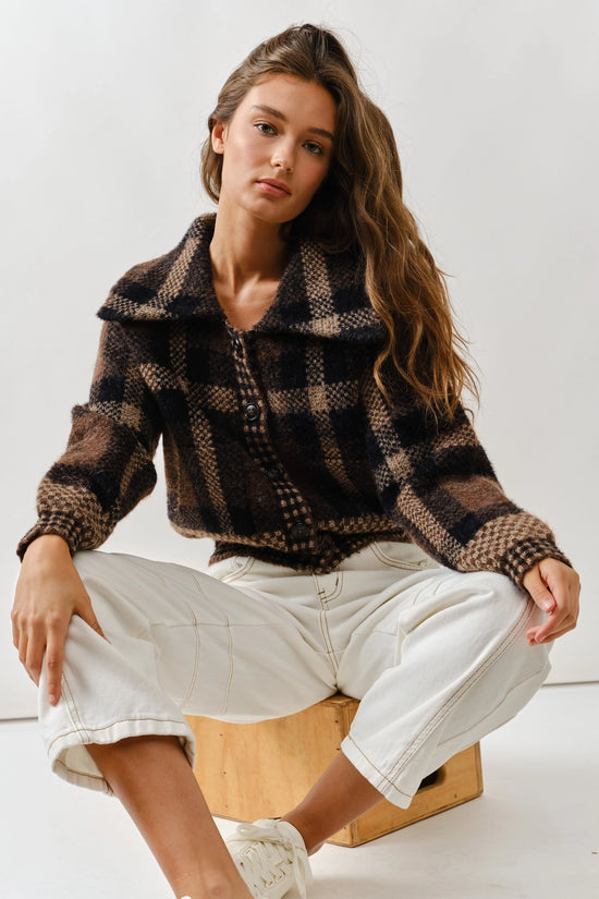 40's Inspired Bomber Plaid Button Down Cardigan
