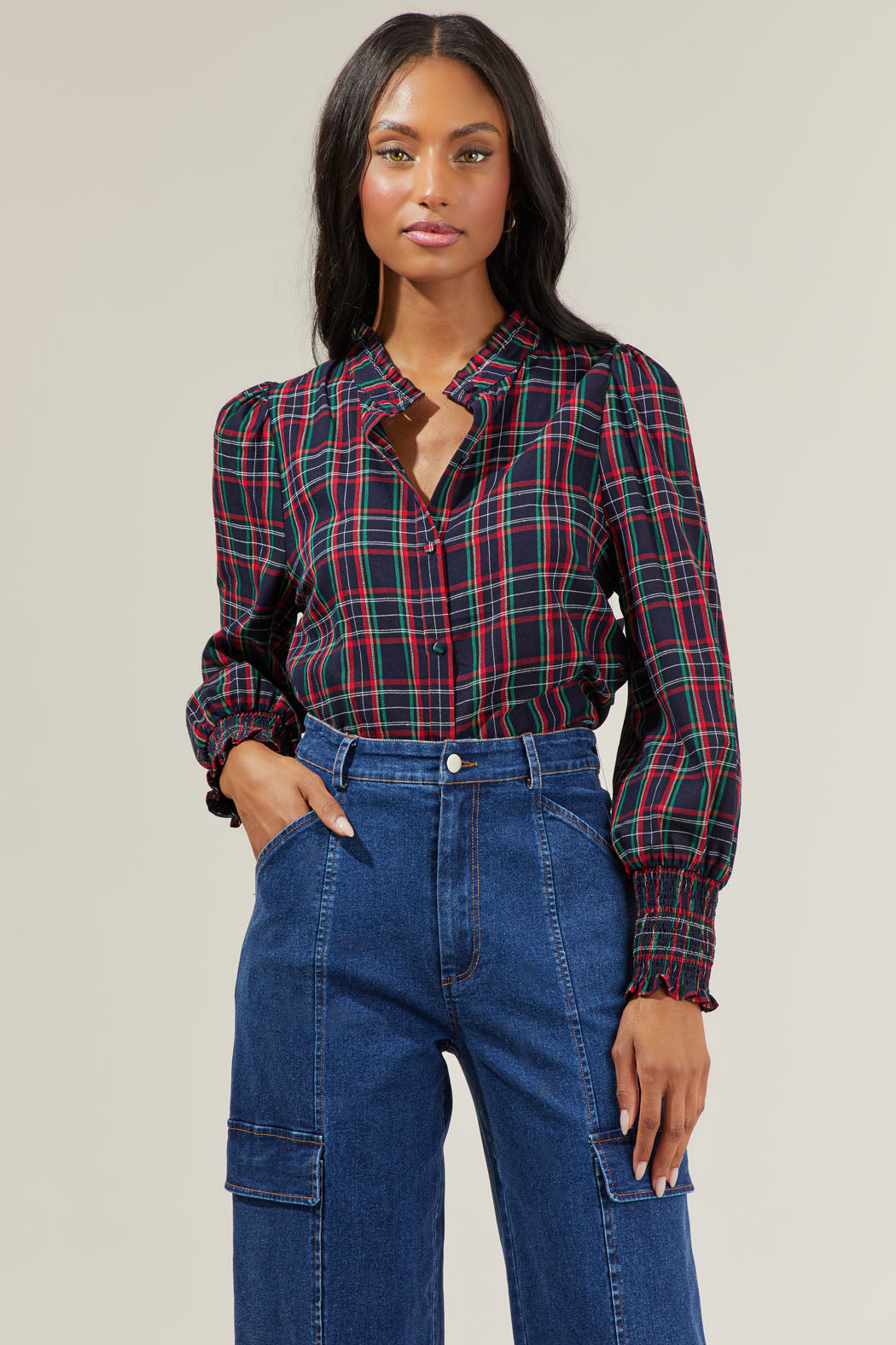 Miley Plaid Split Neck Blouse